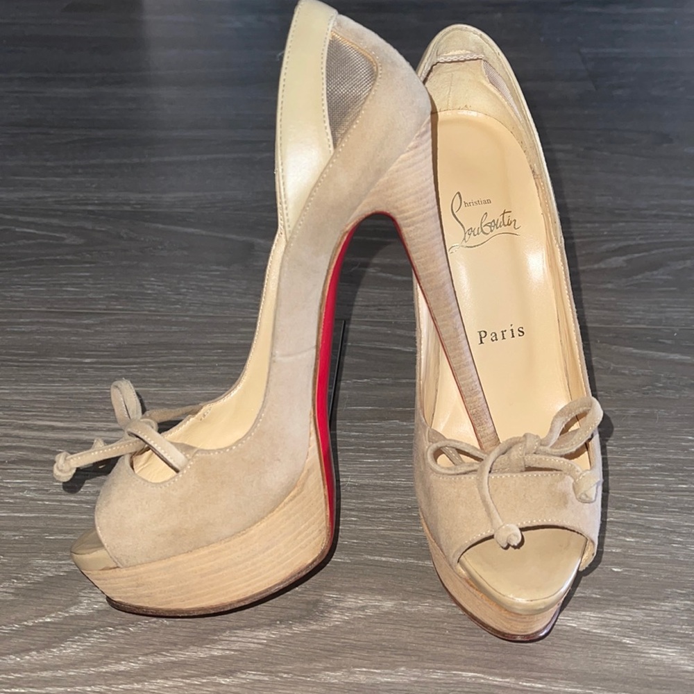 ☀️SOLD☀️Christian Louboutin Mavela Bow Mesh Pump Open Toe Platform Size 36.5 - Picture 4 of 14
